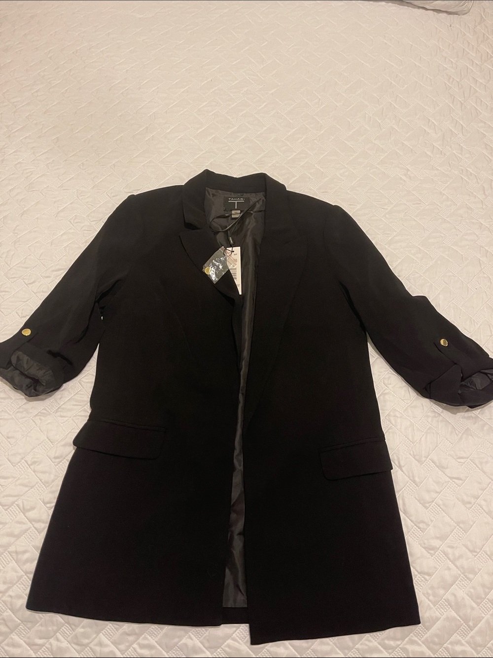 Tahari Black Longline Blazer with Roll-Tab Sleeves